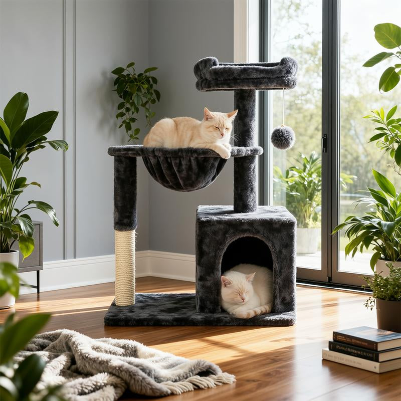 MUTICOR 29 Inches Cat Tree with Dual Pom-Pom Ears Small Blue Grey Beige Pink Cozy Condo for Cats with Play Area