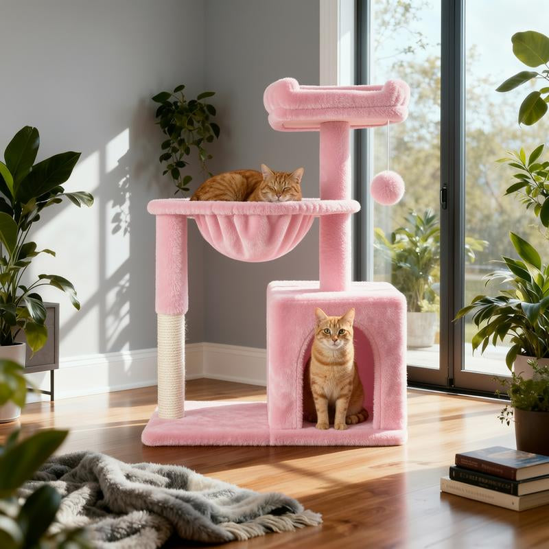 MUTICOR 29 Inches Cat Tree with Dual Pom-Pom Ears Small Blue Grey Beige Pink Cozy Condo for Cats with Play Area