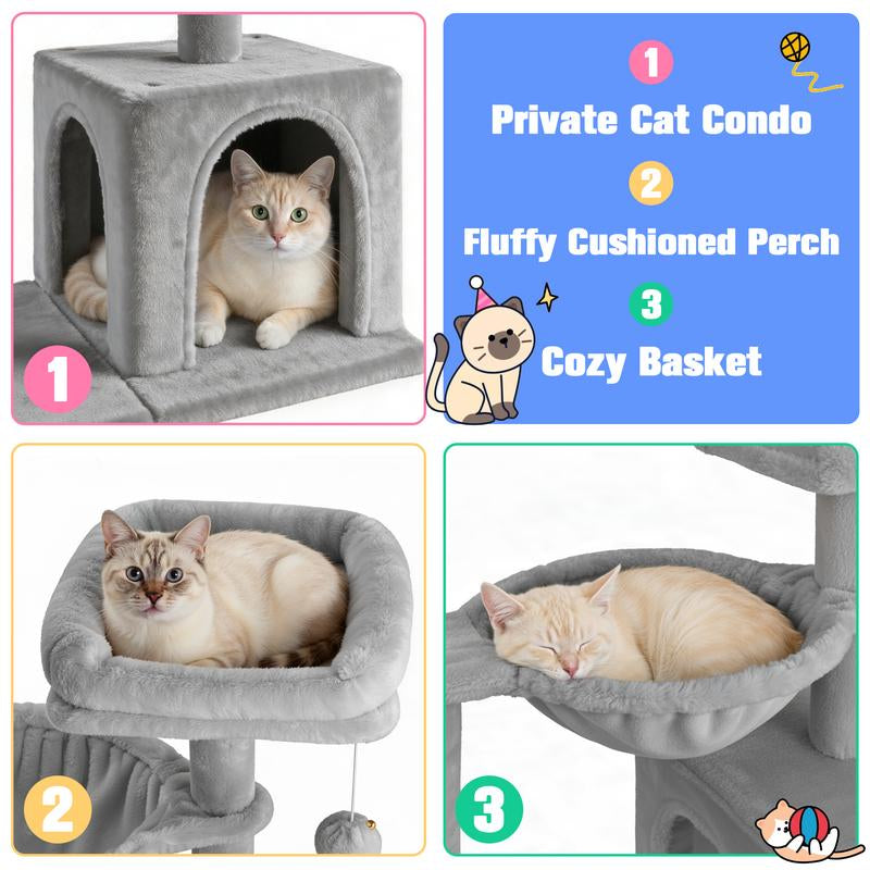 MUTICOR 29 Inches Cat Tree with Dual Pom-Pom Ears Small Blue Grey Beige Pink Cozy Condo for Cats with Play Area