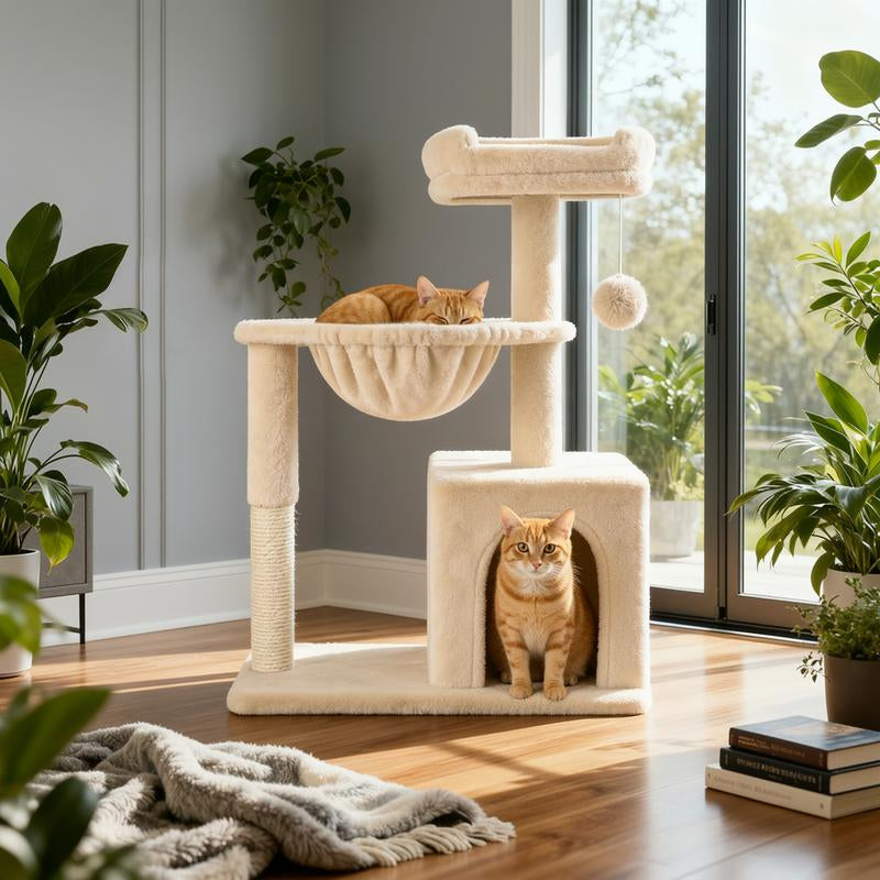 MUTICOR 29 Inches Cat Tree with Dual Pom-Pom Ears Small Blue Grey Beige Pink Cozy Condo for Cats with Play Area